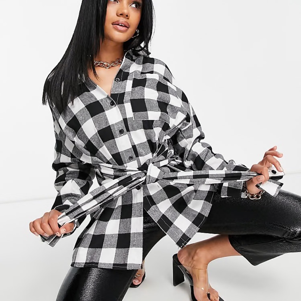 I Saw It First brushed check oversized shirt with tie waist in black size 10